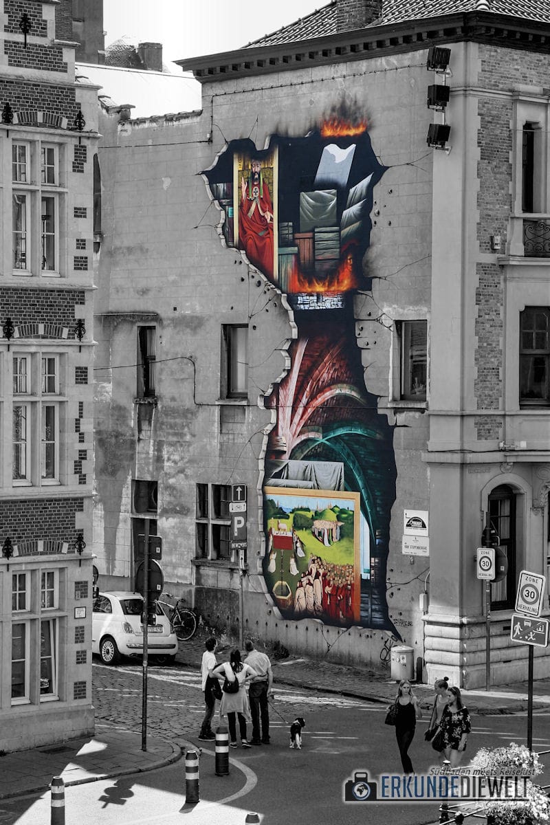 Street Art an Hausfassade zeigt Brand, Gent, Brüssel
